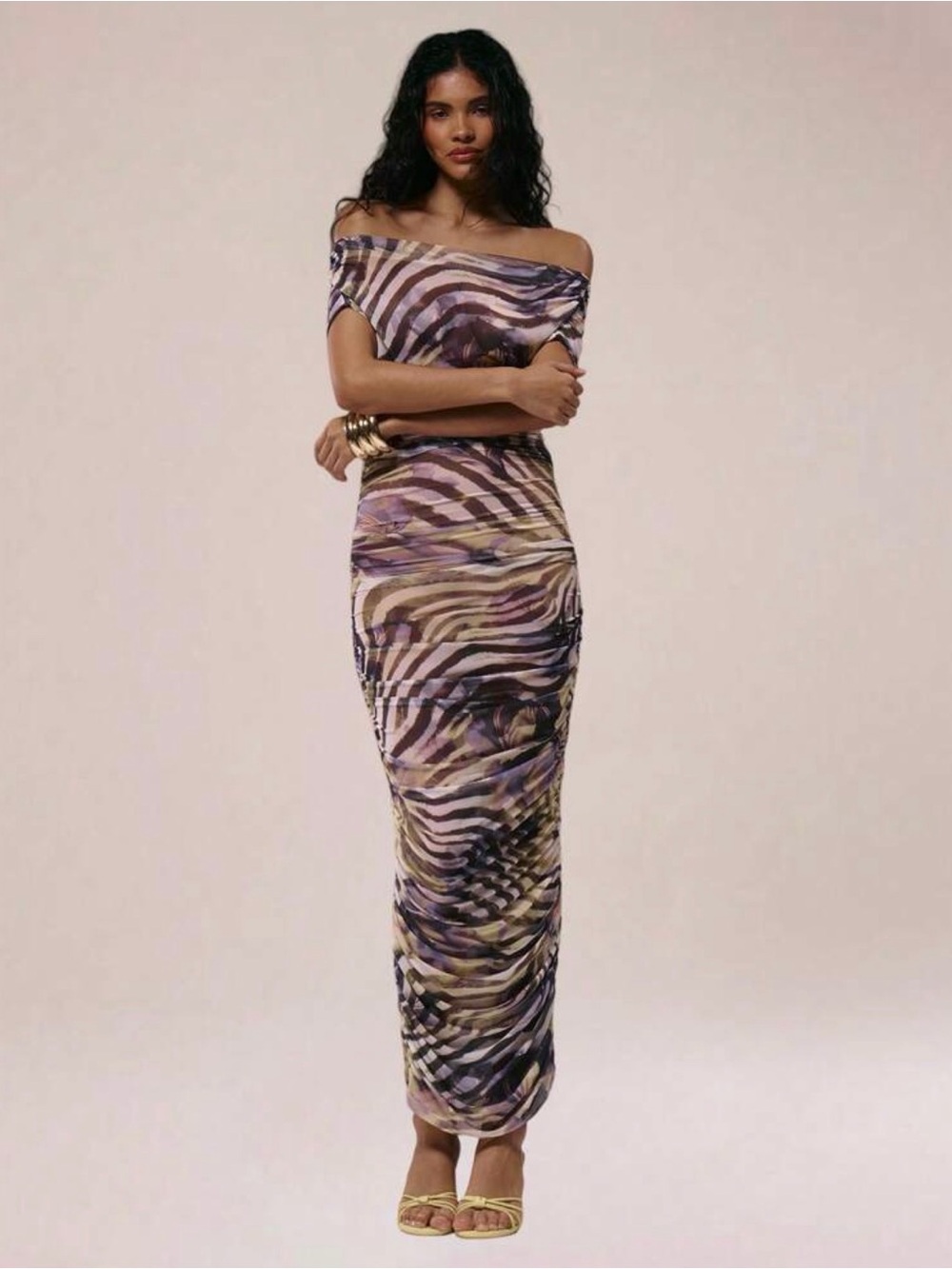 Off-Shoulder Purple Printed Maxi Dress